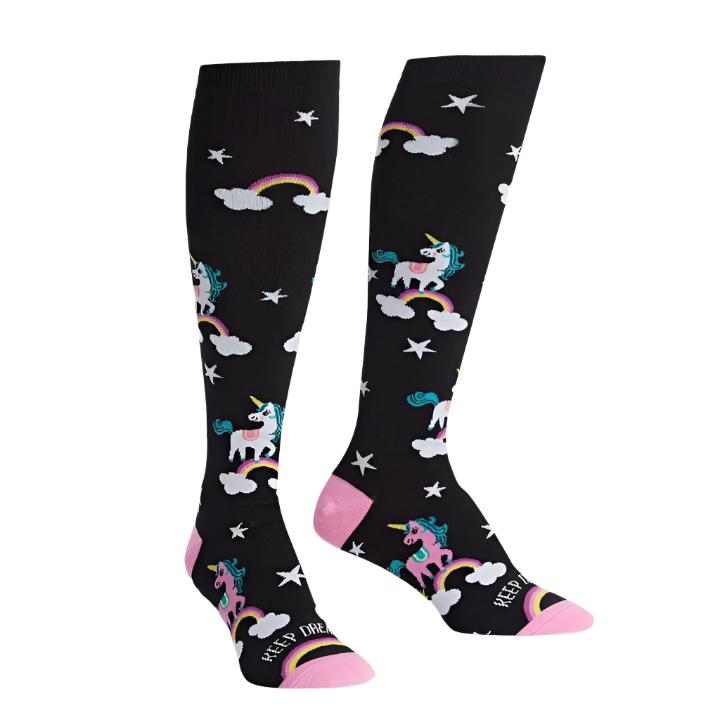 BLACK KNEE HIGH SOCKS WITH PINK TOE AND HEEL WITH PATTERN OF WHITE STARS AND UNICORNS ON RAINBOWS