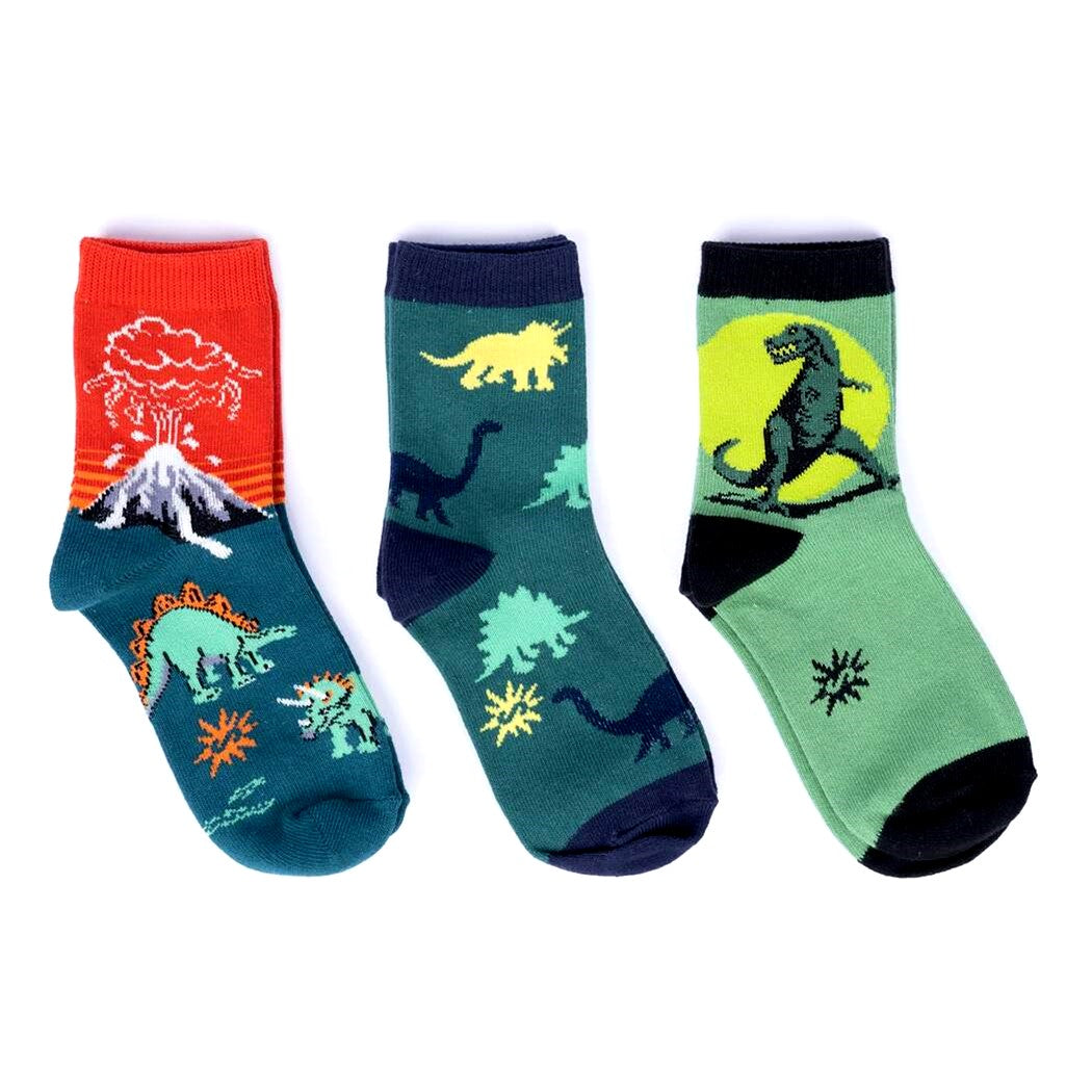 THREE KIDS CREW SOCKS 1 DINOSAURS AND VOLCANO 2 GREEN WITH DINOSAUR PATTERN 3 GREEN SOCK WITH T-REX