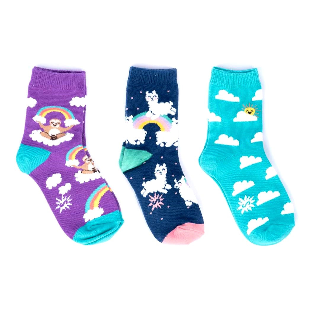 THREE PACK OF KIDS CERW SOCKS WITH SLOTH, LLAMAS AND CLOUDS