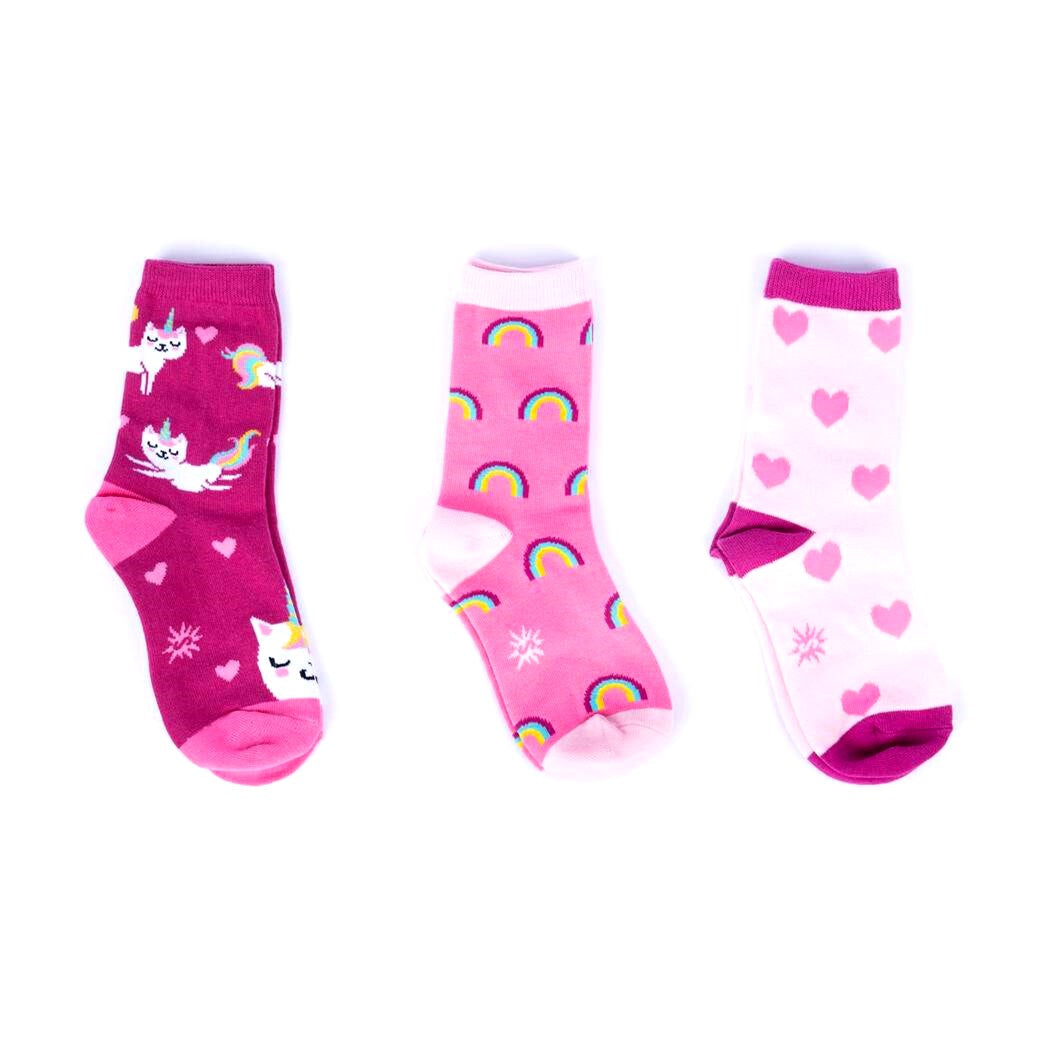 3 PACK PINK RAINBOW, UNICORN, HEART SOCKS