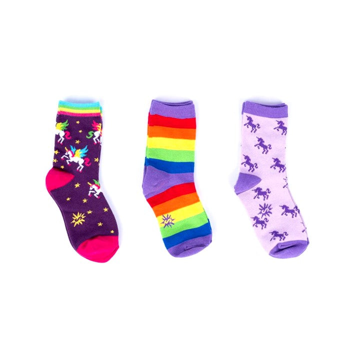 THREE PACK OF KIDS SOCKS PURPLE UNICORNS AND RAINBOW