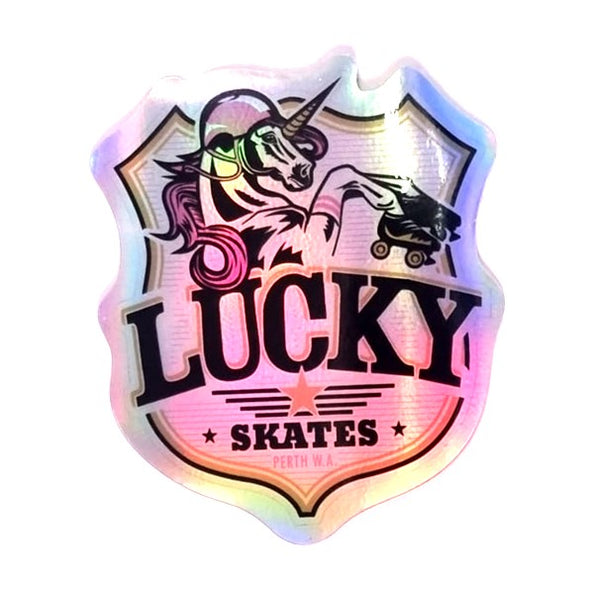 holographic unicorn sticker 'Lucky Skates' 