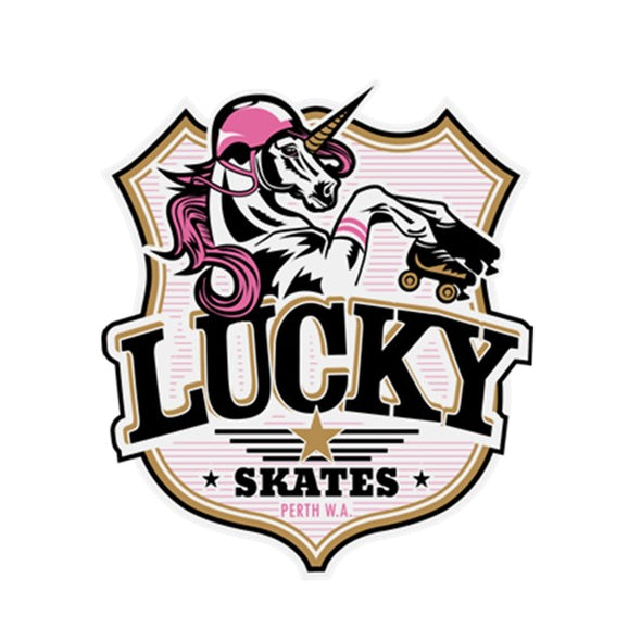 white bumper unicorn sticker 'Lucky Skates' 