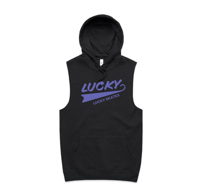 LUCKY SKATES SLEEVELESS HOODIE BLACK WITH PURPLE PRINT ON THE FRONT 