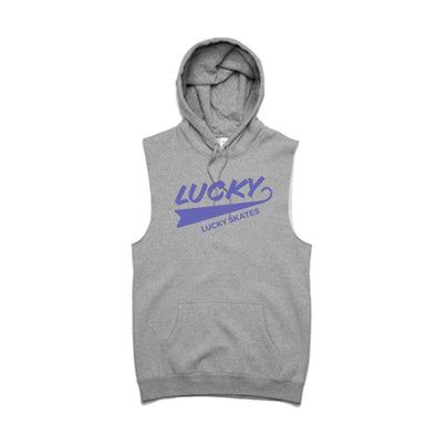 GREY SLEEVELESS HOODIE WITH LUCKY SKATES PRINTED IN PURPLE ON THE FRONT  