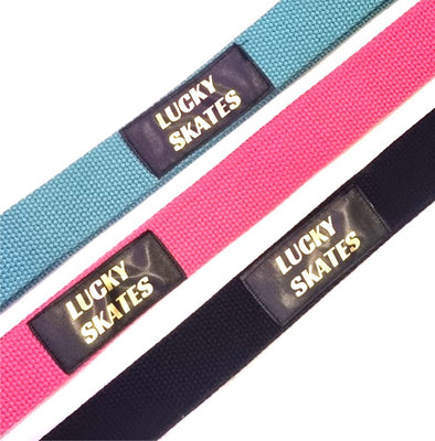 skate strap in teal, pink and black with text 'Lucky Skates'