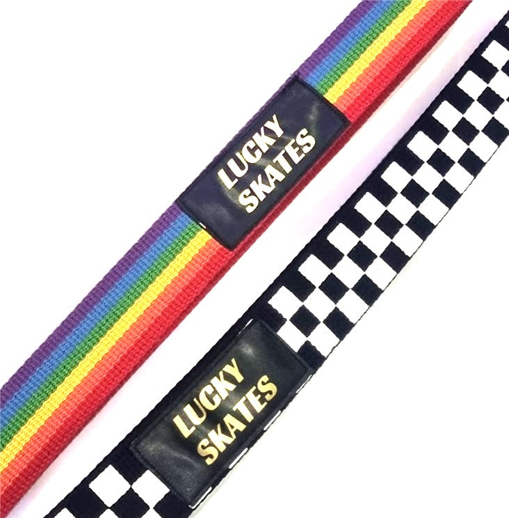 skate strap in rainbow and checkered with the label 'Lucky Skates'