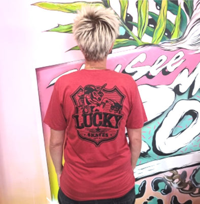 RED LUCKY SKATES TEE WITH BLACK PRINT 