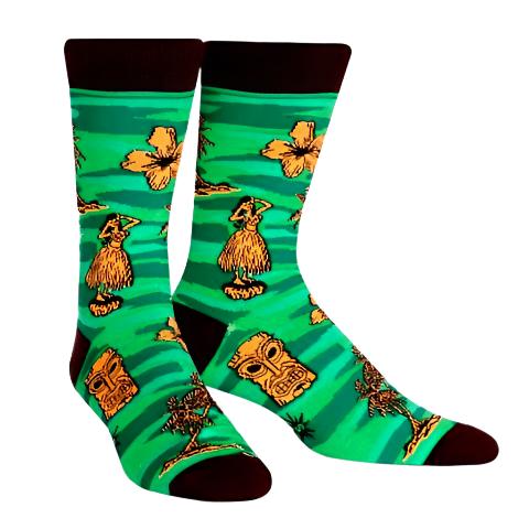 GREEN CREW SOCKS WITH TIKI HAWAII PATTERN