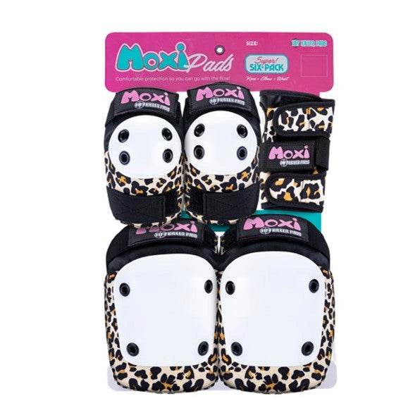 leopard print knee pads, elbow pads, wrist guards 'Moxi' white caps 