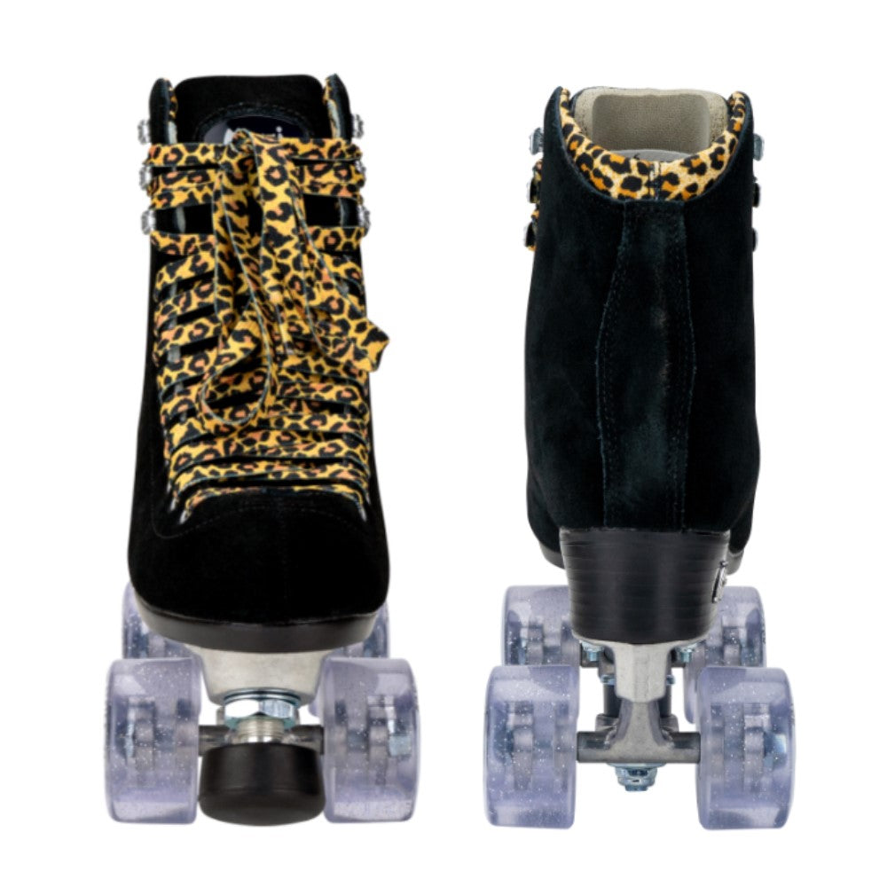 black suede high top roller skates with leopard laces and clear moxi outdoor wheels