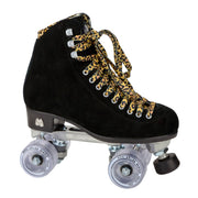 black suede high top roller skates with leopard laces and clear moxi outdoor wheels