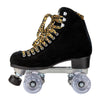 black suede high top roller skates with leopard laces and clear moxi outdoor wheels