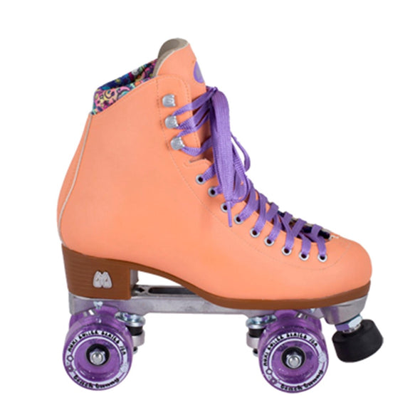 retro rollerskate peach boot, purple lace wheels 