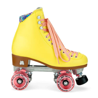 hightop artistic retro roller skates, yellow boot, pink laces wheels