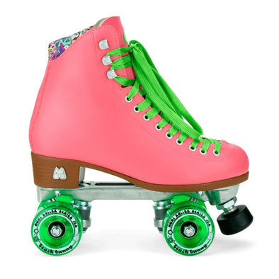 PEACH SKATES WITH GREEN LACES AND GREEN WHEELS 