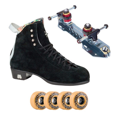 moxi skates black suede roller skate boot with powerdyne reactor pro plate and moxi 97a leopard print wheels
