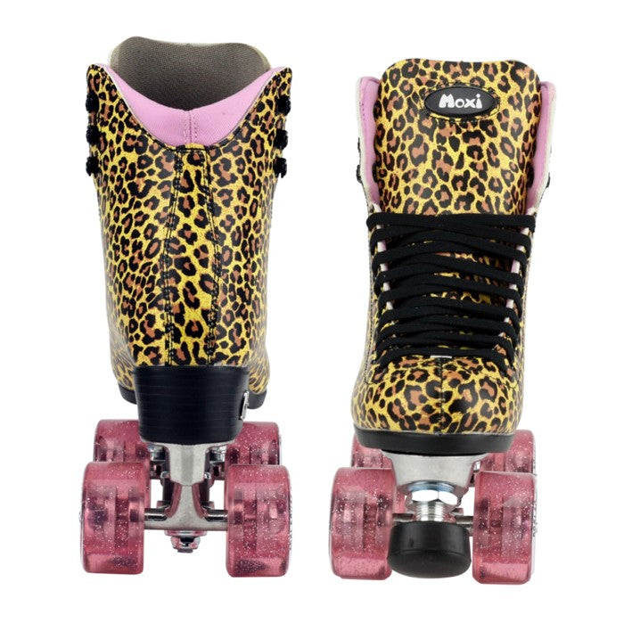 leopard print and pink quad high top retro roller skates with pink wheels 