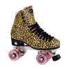 leopard print and pink quad high top retro roller skates with pink wheels 