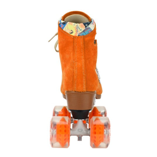 moxi orange suede roller skate artistic retro high top boot with black thrust plate and orange gummy outdoor 78a wheels
