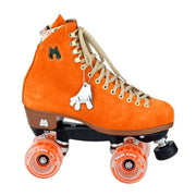 moxi orange suede roller skate artistic retro high top boot with black thrust plate and orange gummy outdoor 78a wheels