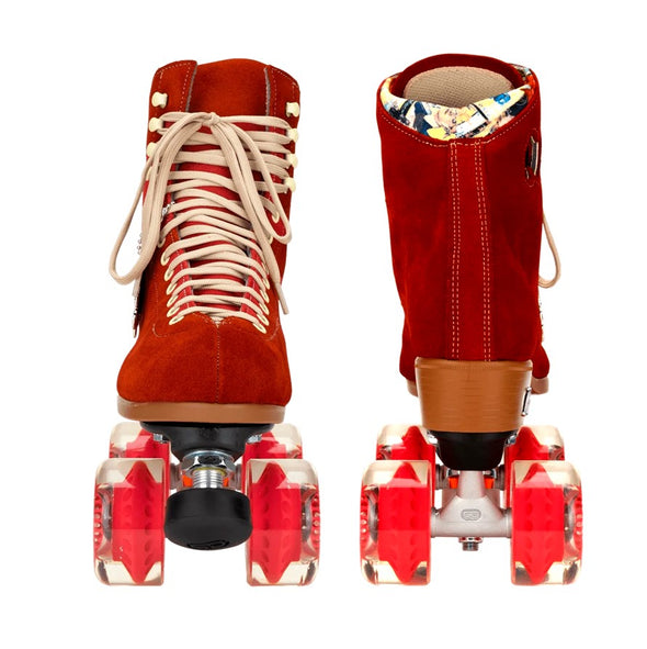 red leather suede moxi roller skate with red moxi gummy 78a outdoor wheels