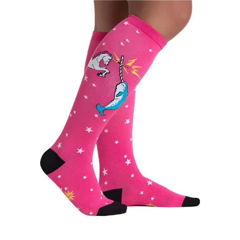 PERSON WEARING HOT PINK KNEE HIGH SOCKS WITH UNICORN AND NARWHAL BATTLING