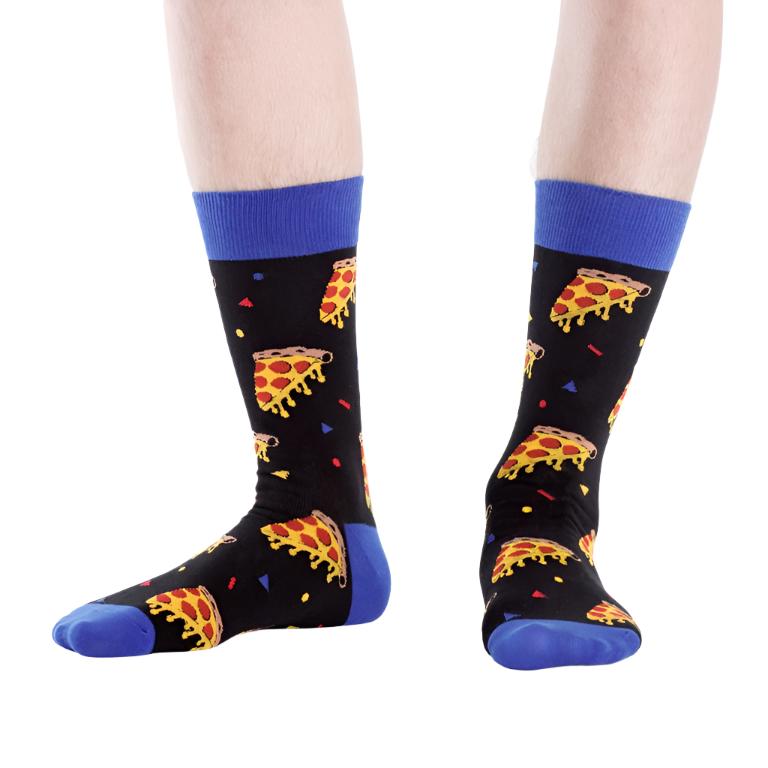 PERSON WEARING BLACK AND BLUE CREW SOCKS WITH PIZZA PATTERN