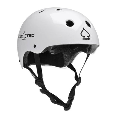 white gloss skate helmet with black logo 