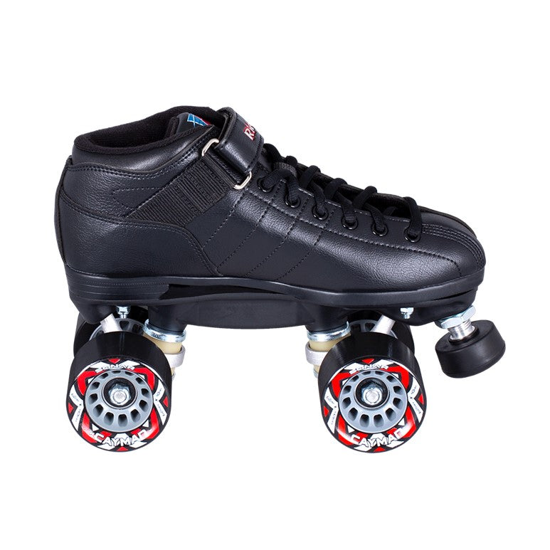 black sneaker speed roller derby roller skates, black red wheels, adjustable toe stops  