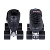black sneaker speed roller derby roller skates, black red wheels, adjustable toe stops  