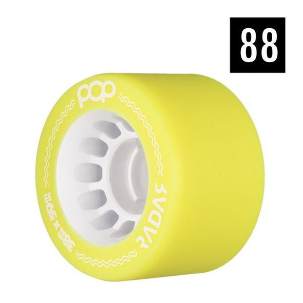roller skate indoor wheels 88a yellow, white hub 59mm 'Pop Radar'