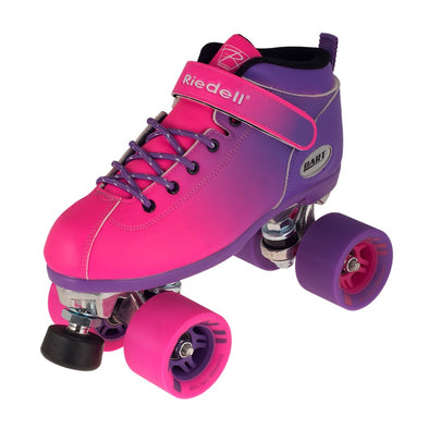 pink purple fluro ombre sneaker speed roller derby quad roller skates, pink purple wheels, adjustable toe stops  