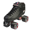black sneaker speed roller derby roller skates, black red wheels, adjustable toe stops  