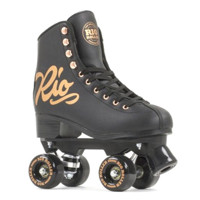 black and rose gold high top rollerskates, black wheels gold print, gold lace hooks, 'Rio' on side gold  
