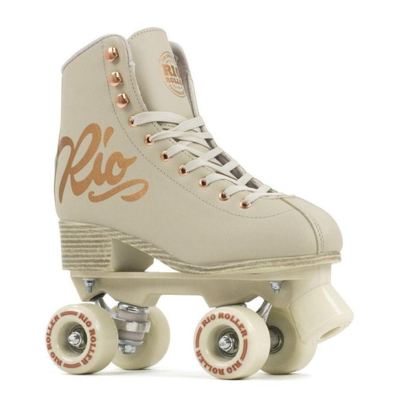 cream hightop retro rollerskates, rose gold accents, 'Rio' on side, cream wheels 'Rio Roller' print on wheels 