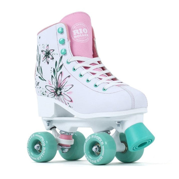 white artistic heel style rollerskate, teal green wheels, pink tongue, floral design on boot, white plate 