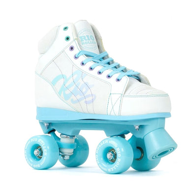 white sneaker style mid top rollerkskate boot, light blue wheels and plate, 'Rio' on side, light blue  stopper, purple lace holes 