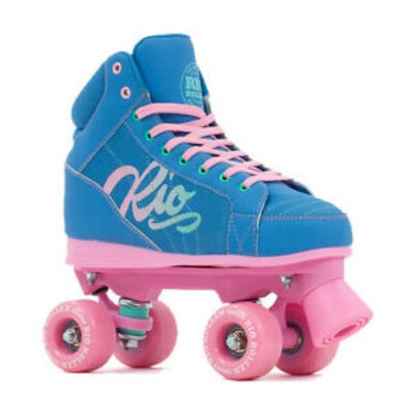 blue pink sneaker style mid top rollerkskate boot, pink wheels and plate, 'Rio' on side with teal pink ombre, , pink stopper