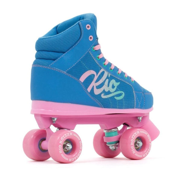 blue pink sneaker style mid top rollerkskate boot, pink wheels and plate, 'Rio' on side with teal pink ombre, , pink stopper