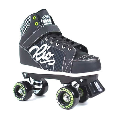 black sneaker style mid top rollerkskate boot, white wheels and plate, 'Rio' on side, white stopper, checkered design on rear of boot
