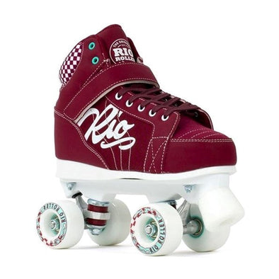 maroon sneaker style mid top rollerkskate boot, white wheels and plate, 'Rio' on side, white stopper, checkered design on rear of boot