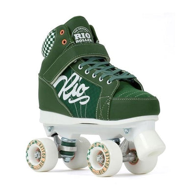 army green sneaker style mid top rollerkskate boot, white wheels and plate, 'Rio' on side, white stopper, checkered design on rear of boot