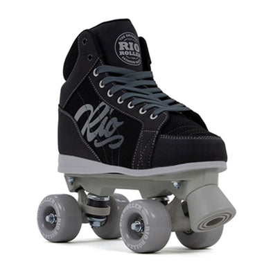 black sneaker style mid top rollerkskate boot, grey wheels and plate, 'Rio' on side, grey stopper 