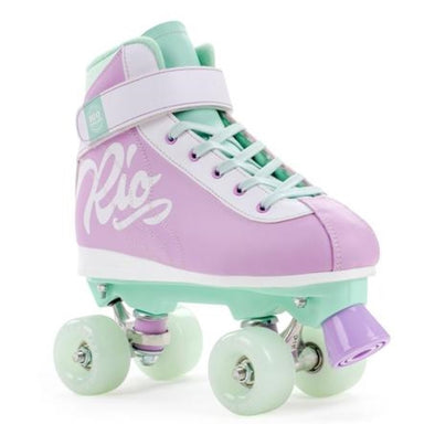 pastel purple, mint green sneaker style rollerskate, purple top stop, green wheels, 'Rio' print on side, white velcro ankle strap 