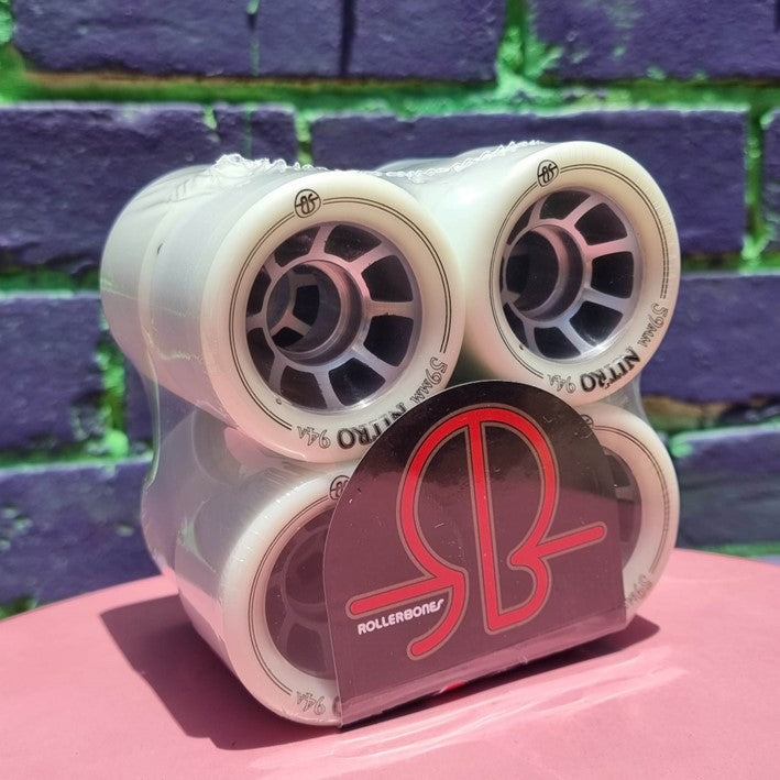 8 pack of white rollerskate wheels with metal hub