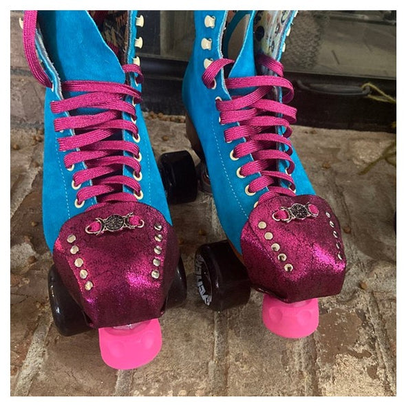 pool blue moxi lolly roller skate with metallic fuschia pink glitter toe guard protectors with silver studs