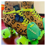 llerskates leopard print boardwalk with green wher sels and emerald green suede toe guard protectors with silver studs