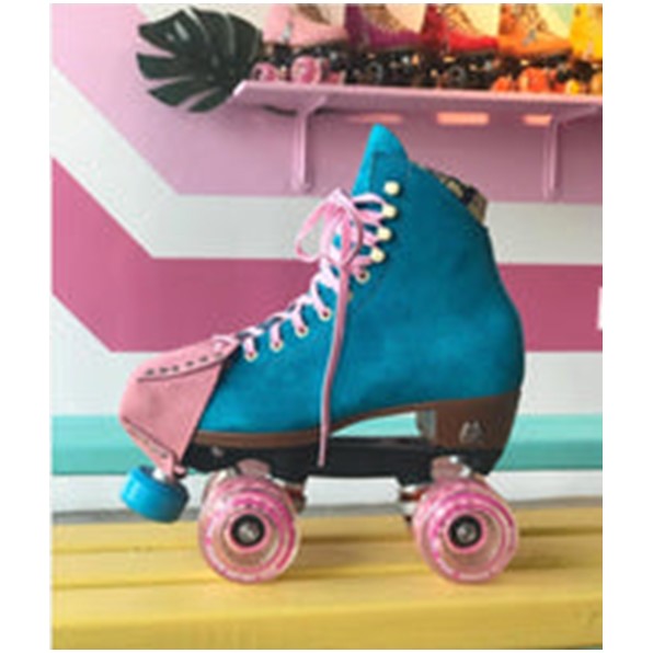 blue moxi lolly roller skate with pink strawberry suede toe guard protectors with silver studs