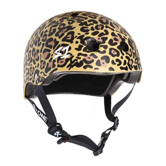 brown traditional leopard print helmet with black straps and s1 text on the side 
